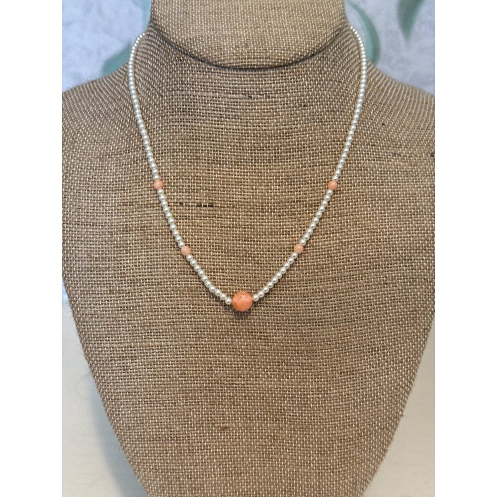 Faux Pearl & Coral Beaded Necklace With Gold Tone Clasp